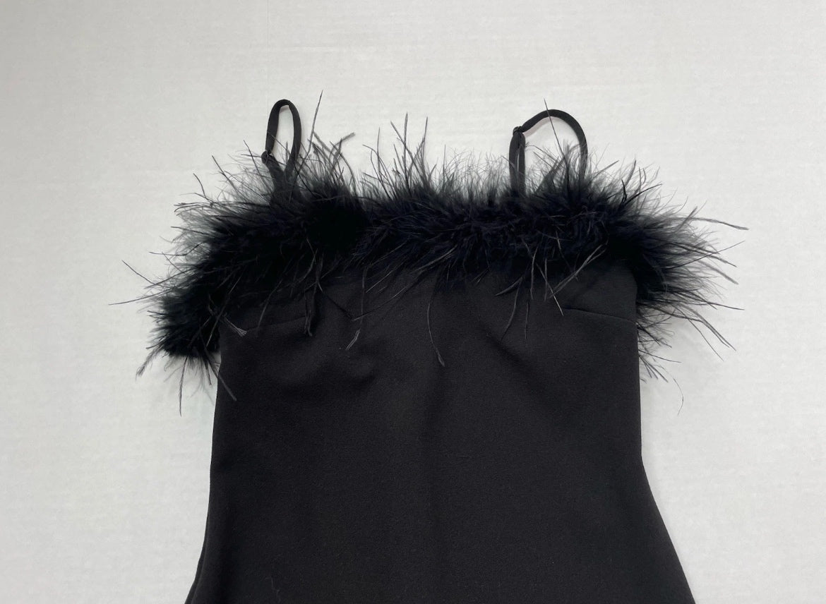 B Darlin Slip Dress 5/6 Black Rayon with feather trim