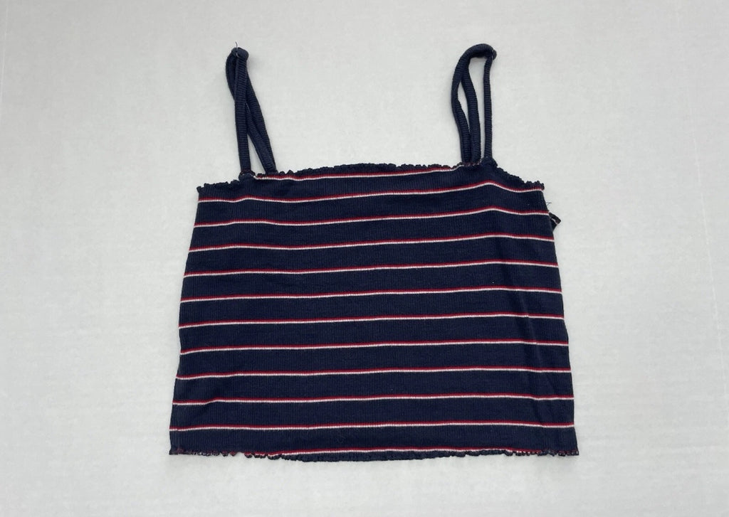 Garage Tank Top Small Navy Blue with White and Red Stripes Rayon