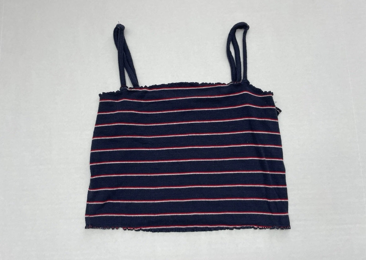 Garage Tank Top Small Navy Blue with White and Red Stripes Rayon