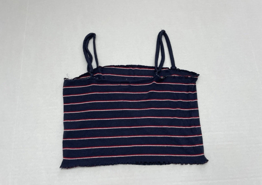 Garage Tank Top Small Navy Blue with White and Red Stripes Rayon