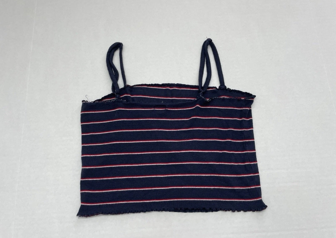 Garage Tank Top Small Navy Blue with White and Red Stripes Rayon