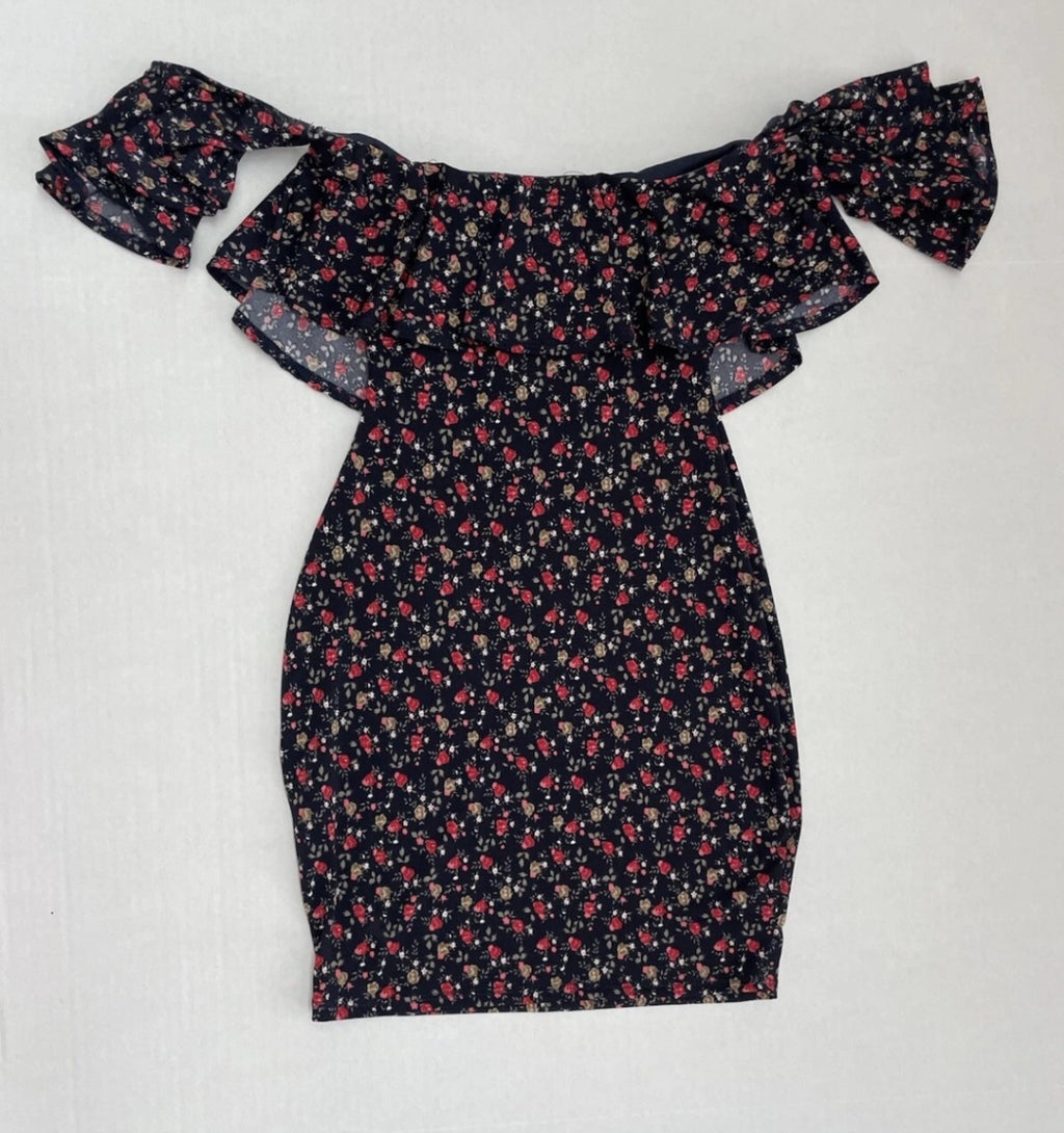 Windsor Slim Mini Dress Extra Small Navy Blue with Red and Beige Floral Pattern Chiffon/Polyester