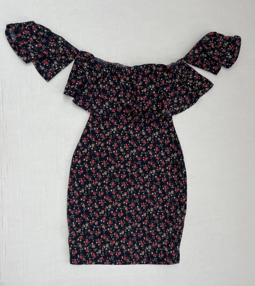 Windsor Slim Mini Dress Extra Small Navy Blue with Red and Beige Floral Pattern Chiffon/Polyester
