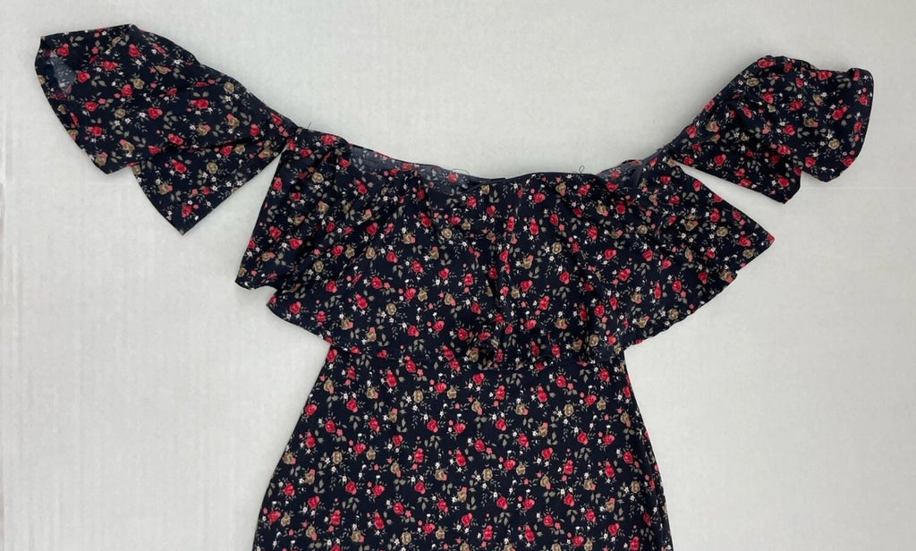 Windsor Slim Mini Dress Extra Small Navy Blue with Red and Beige Floral Pattern Chiffon/Polyester
