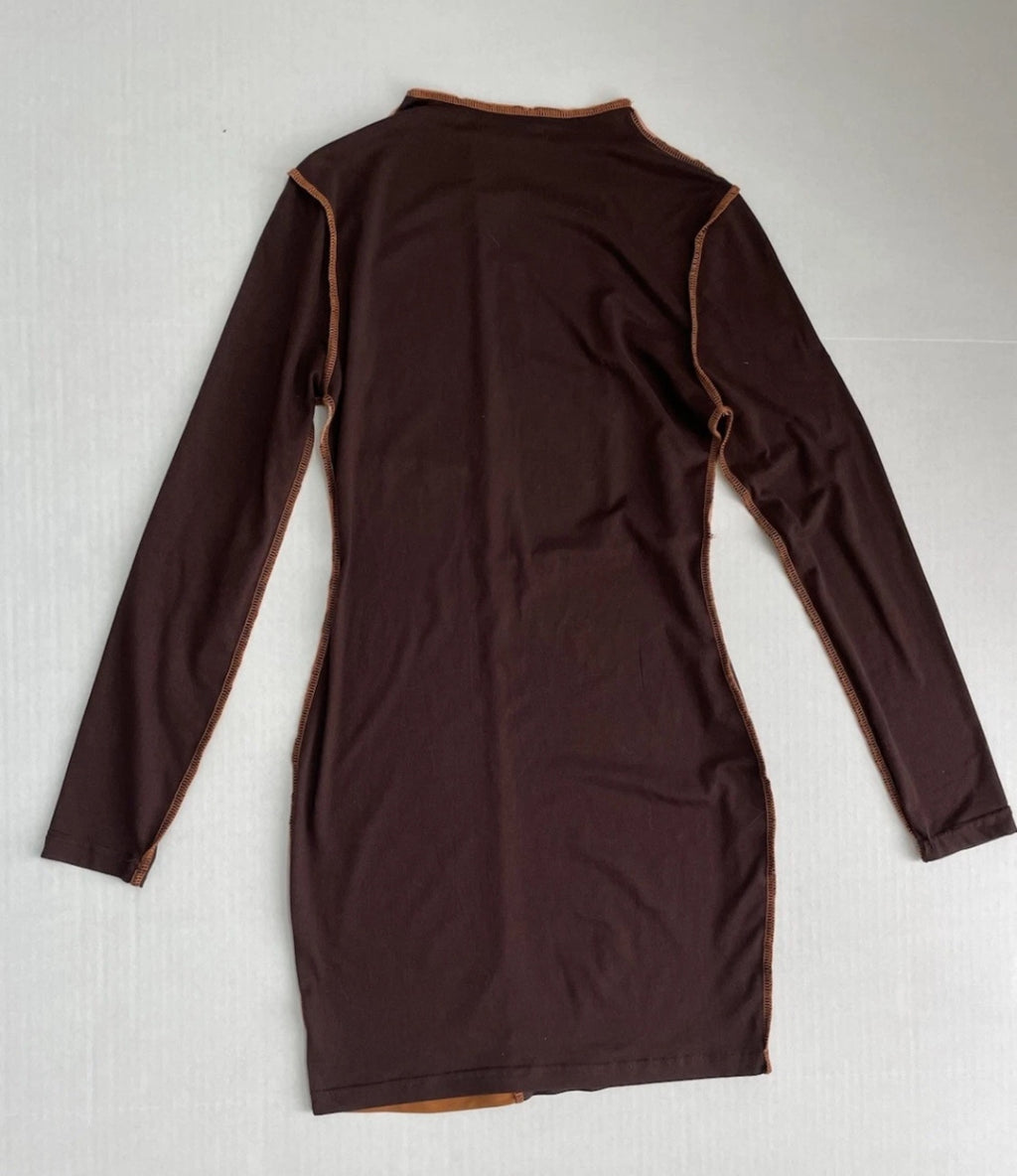 SHEIN Long Sleeve Dress Extra Small Beige, Dark Brown, Brown, OrangeMixed fabrics with visible stitching, likely a combination of knit and woven materials