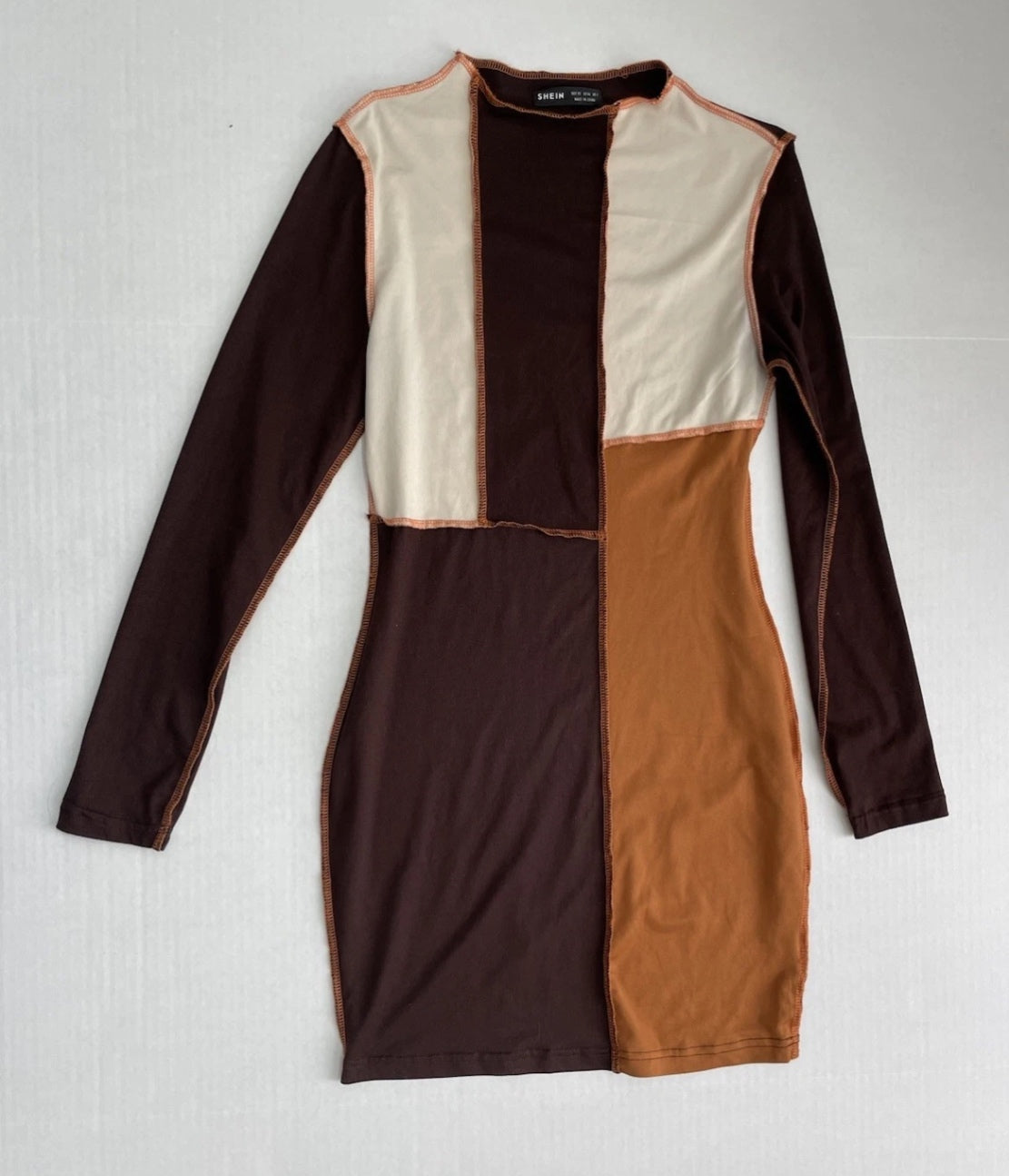 SHEIN Long Sleeve Dress Extra Small Beige, Dark Brown, Brown, OrangeMixed fabrics with visible stitching, likely a combination of knit and woven materials