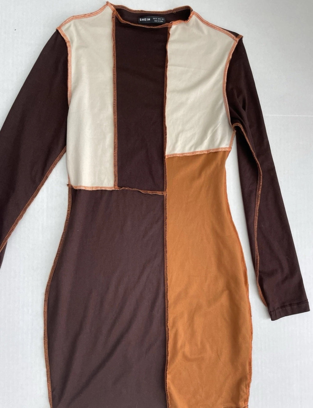 SHEIN Long Sleeve Dress Extra Small Beige, Dark Brown, Brown, OrangeMixed fabrics with visible stitching, likely a combination of knit and woven materials