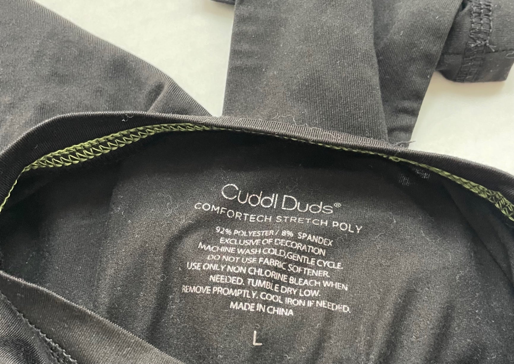 Cuddl Duds Tops Large Black Polyester, Spandex (exterior label indicates 92% polyester, 8% spandex)