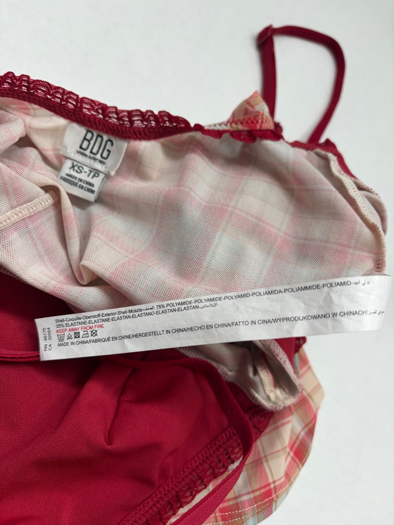 BDG Tops Extra Small Red, Beige, Pink Plaid Polyester, Elastane, Polyamide
