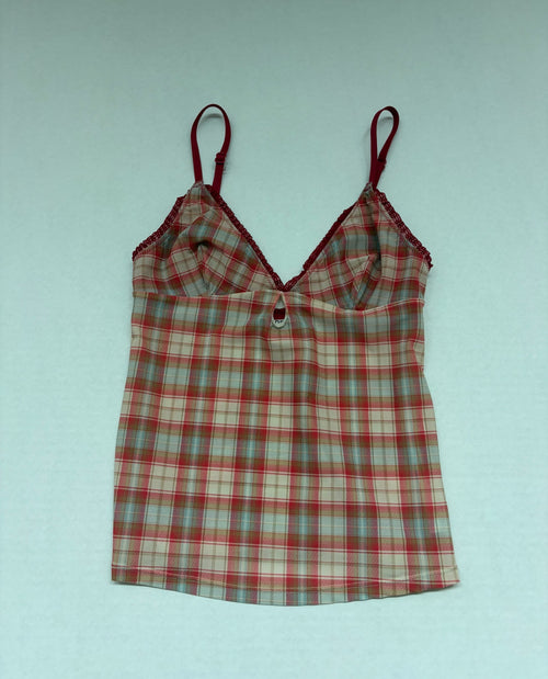 BDG Tops Extra Small Red, Beige, Pink Plaid Polyester, Elastane, Polyamide