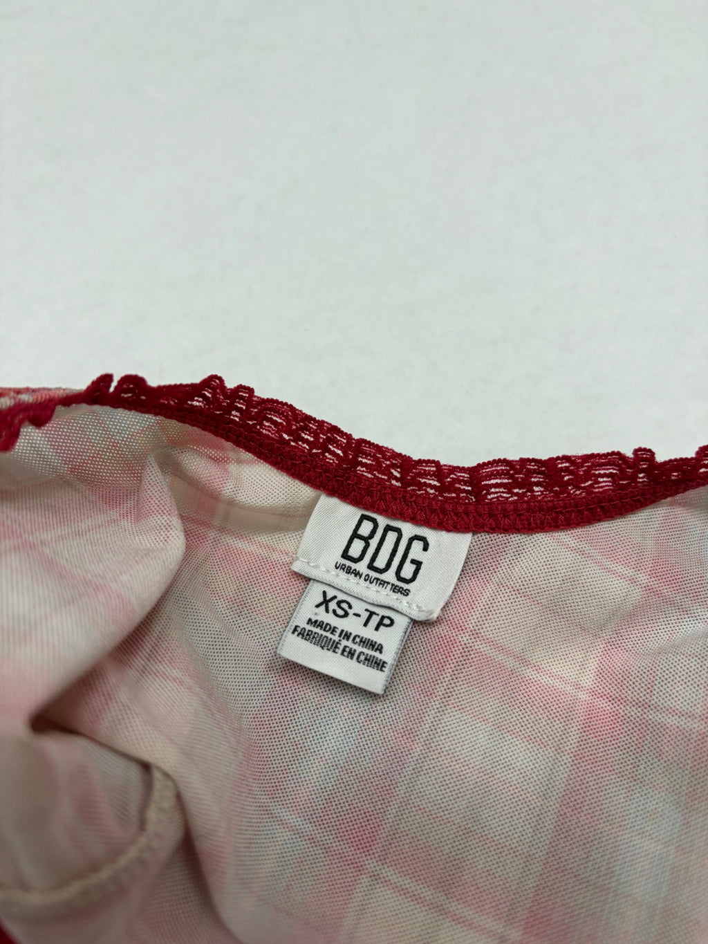 BDG Tops Extra Small Red, Beige, Pink Plaid Polyester, Elastane, Polyamide