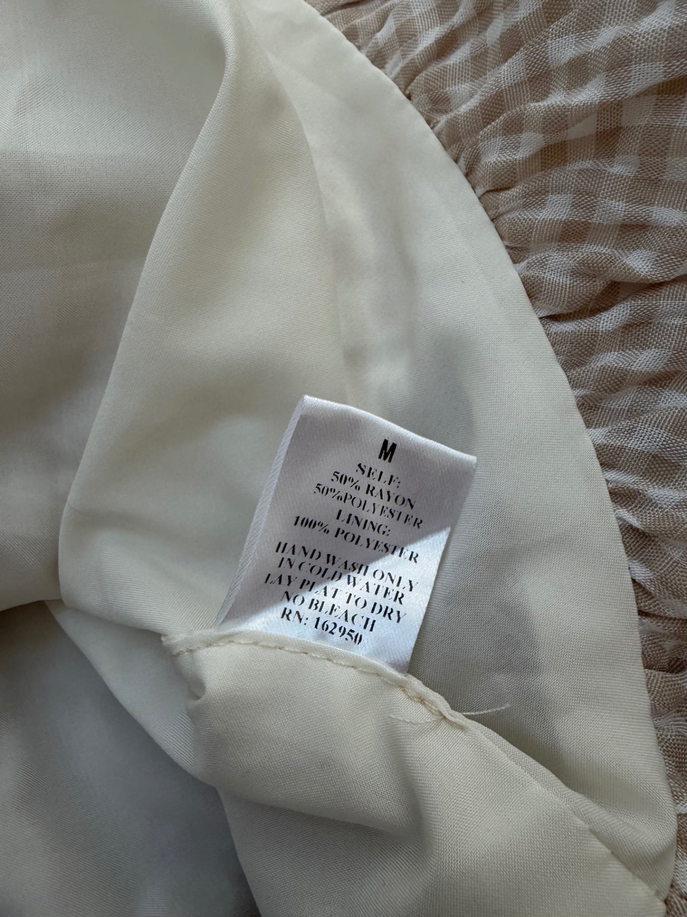 Pretty Garbage Tops Medium Beige and White Rayon, Polyester (Gingham fabric and lining)