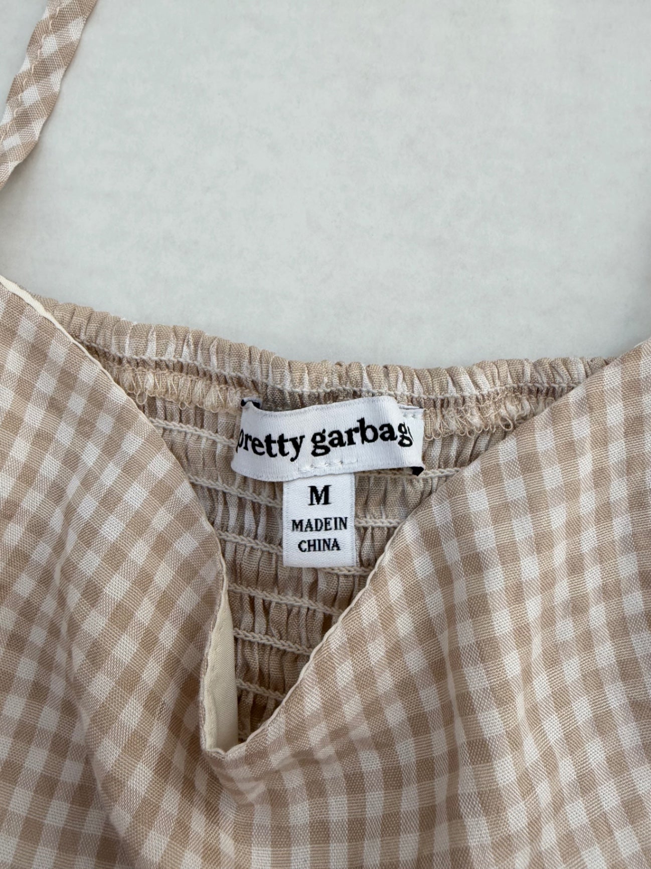 Pretty Garbage Tops Medium Beige and White Rayon, Polyester (Gingham fabric and lining)