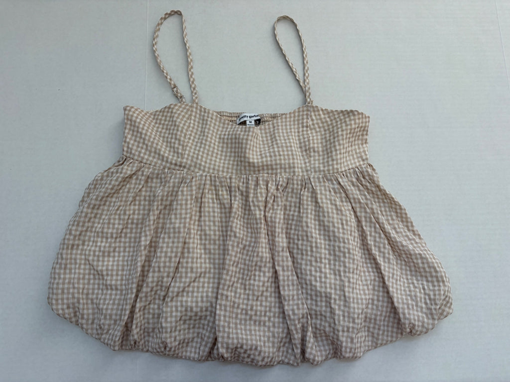 Pretty Garbage Tops Medium Beige and White Rayon, Polyester (Gingham fabric and lining)