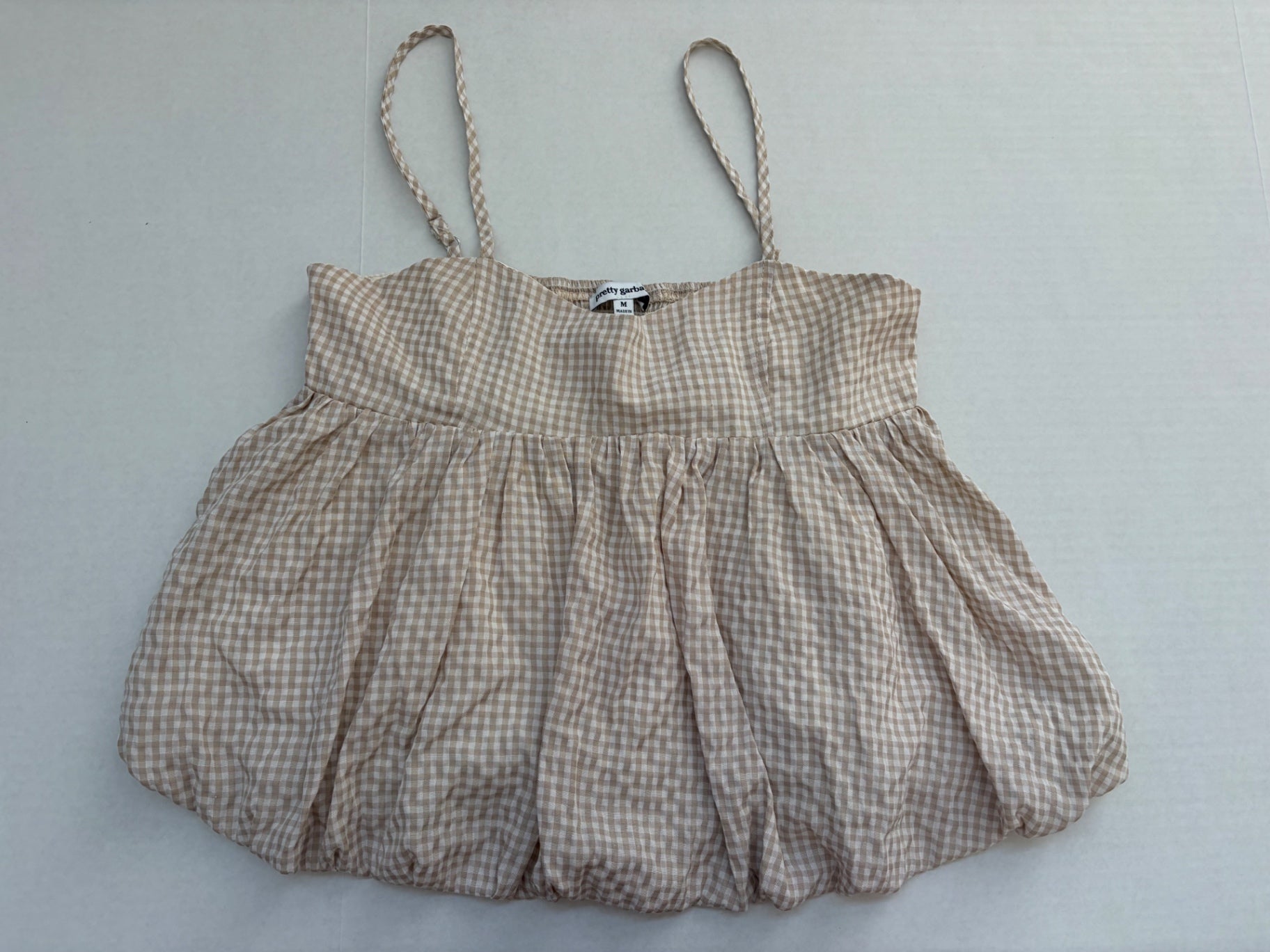 Pretty Garbage Tops Medium Beige and White Rayon, Polyester (Gingham fabric and lining)