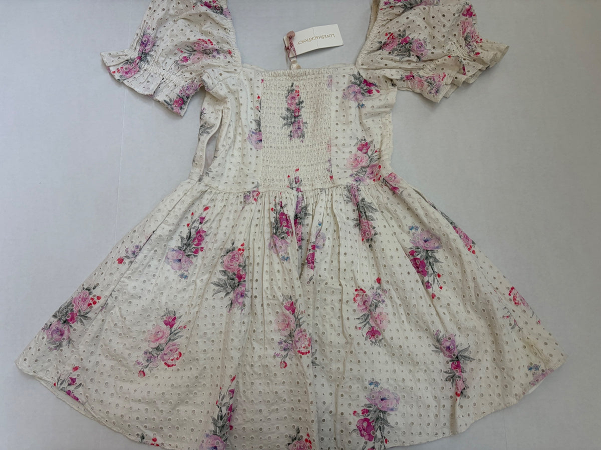 LOVESHACKFANCY Dresses/Rompers Extra Small Off-white/Beige with pink, purple, and gray floral printCotton eyelet fabric with floral print and smocked bodice